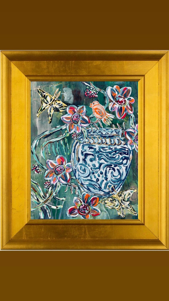 Floral Ginger Jar Art Print: Gold Leaf Frame, Signed Canvas Paper