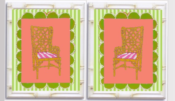 Chinoiserie Bamboo Chair Art Prints: Framed Giclee Pair