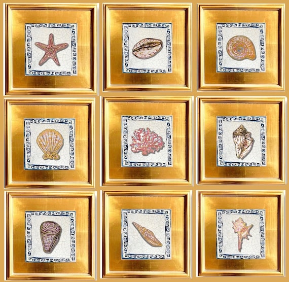 Shell Art Print Gallery Wall Set: Gilded Gold Frames, Signed Canvas Prints