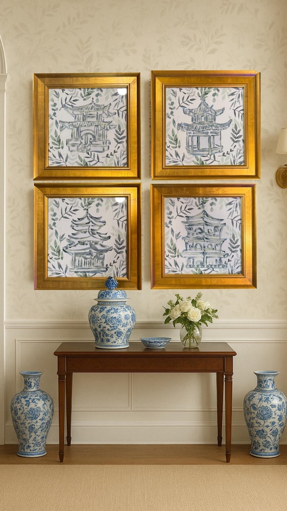 Fine Art Pagoda Prints Matted and Framed in Gilded Gold Leaf Wooden Frames