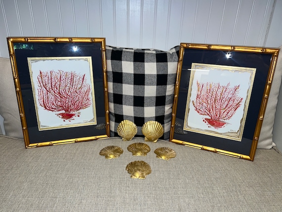 Pair of Coral Art Prints Double Matted and Framed in Gold Bamboo Frames