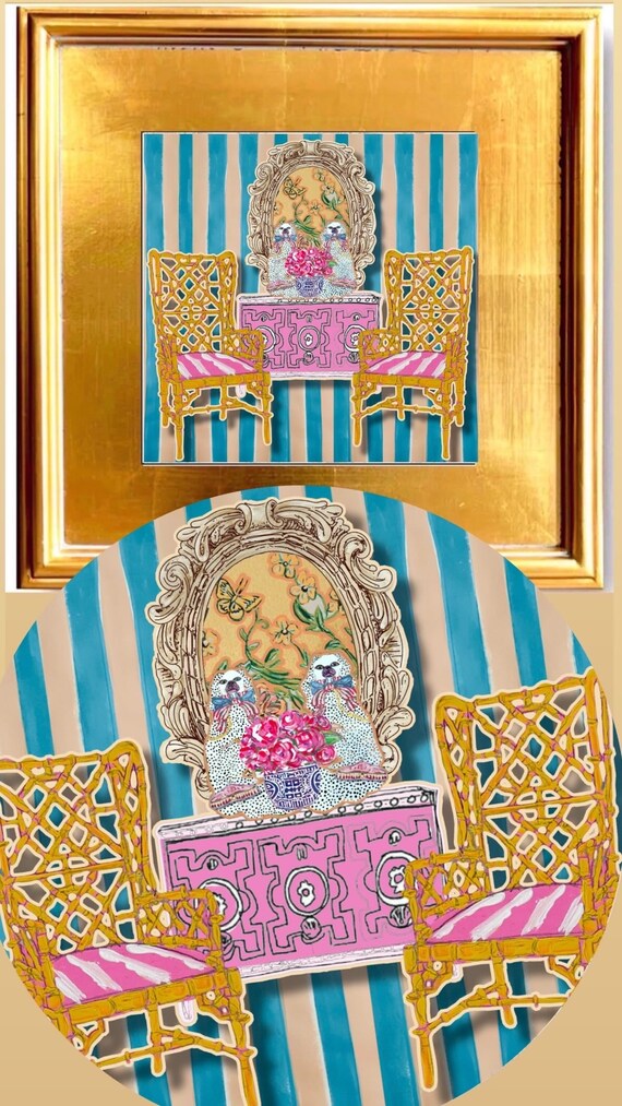 Single Fine Art Canvas Paper Chinois Foyer Print Framed in Gilded Gold Leaf Wide Frame