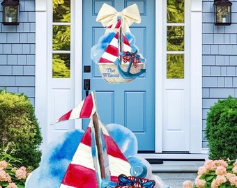 LARGE Red White & Blue Door Hanger Sailboat with Anchor (personalized with last name)