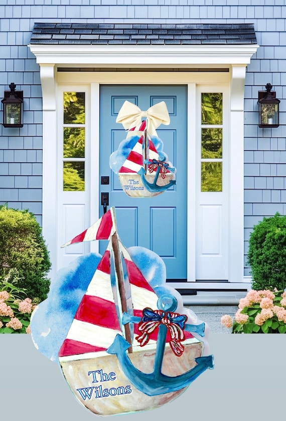 LARGE Red White & Blue Door Hanger Sailboat with Anchor (personalized with last name)