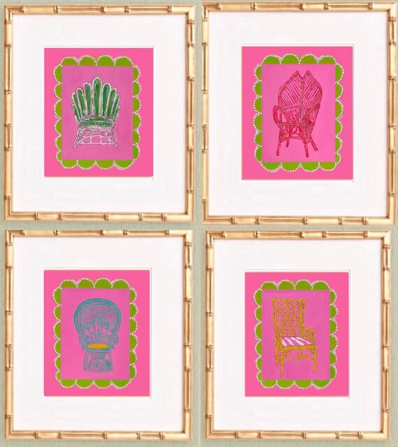 Framed Chair Art Prints: Gold Bamboo Frames, Set of 4