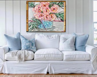 Lienzo de peonías abstractas de gran tamaño, papel Giclee, enmarcado en pan de oro dorado, madera de bambú