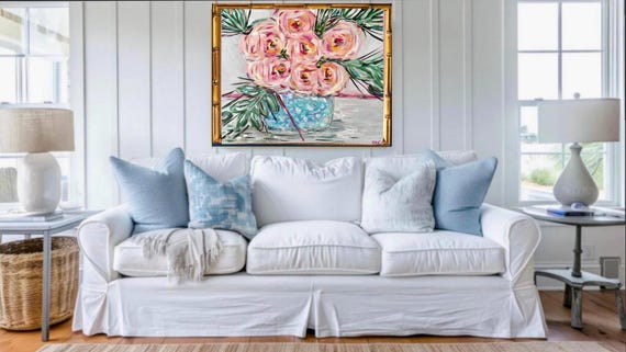 LARGE Abstract Peonies Canvas Paper Gicleè Framed in Gilded Gold Leaf Wooden Bamboo