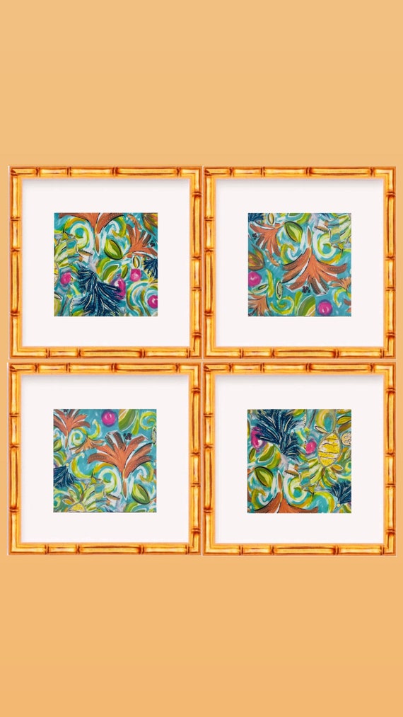 Set of Four Fine Art Canvas Paper West Palm Whimsy Prints Matted and Framed