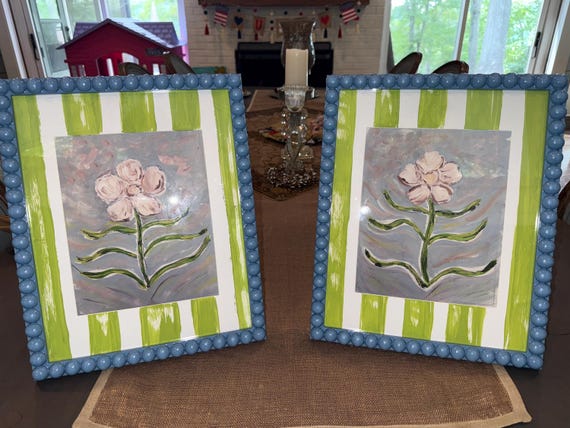 Floral Botanical Prints: Matted in Striped Hand-Painted Frames (Set of 2)