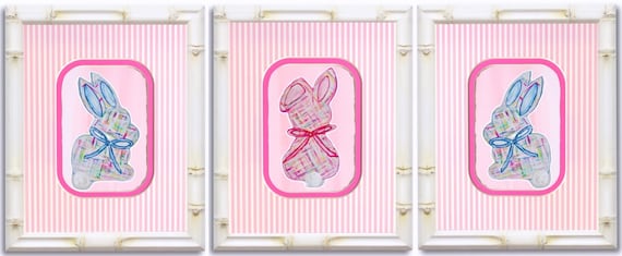 Set of Three Bunny Prints Double Matted and Framed for a Nursery