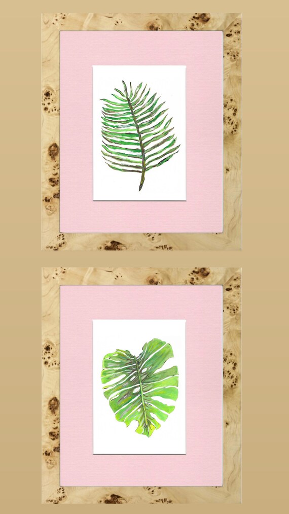 Pair of Palm Leaf Art Matted and Framed