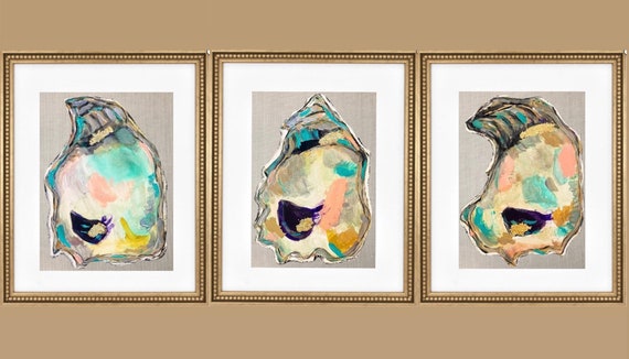 Trio of Fine Art Oyster Prints Matted and Framed in Gold