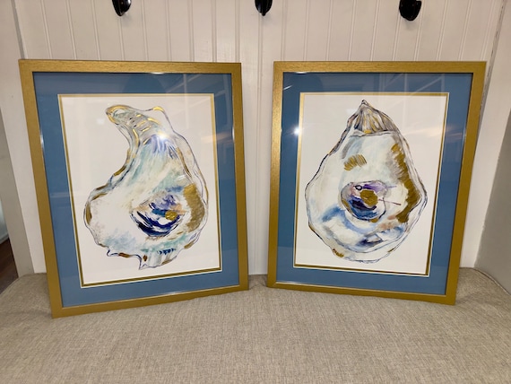 Pair of LARGE Oyster Prints with Liquid Gold Double Matted and Framed