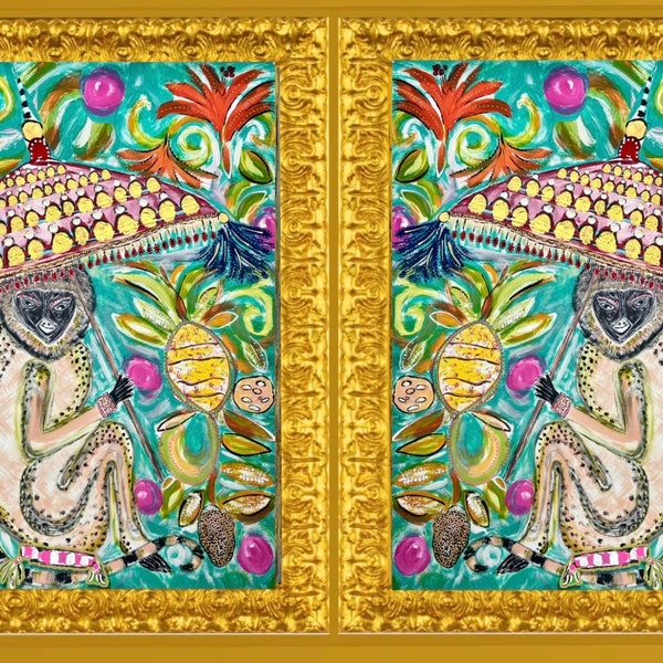 Pair of LARGE “Chinois Monkeys on a Pouf” Canvas Paper Prints Framed in Ornate Baroque Wooden Gilded Gold Leaf Frames