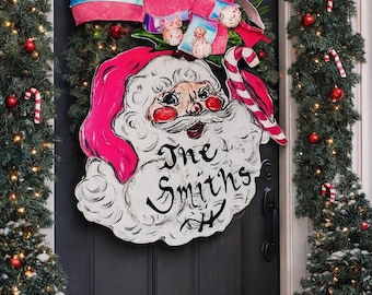 LARGE Door Hanger Vintage Santa Personalized with Handwritten Last Name (DOES NOT Come with Bow)