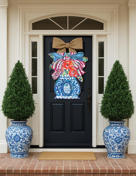 LARGE Designer RWB Patriotic Bow and Florals in Ginger Jar Door Hanger (does NOT come with bow)
