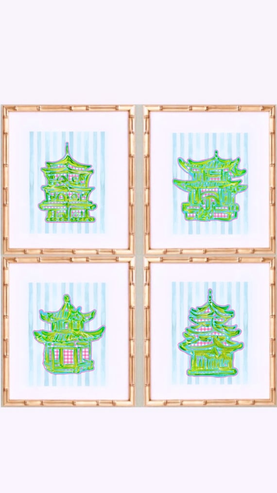 Pagoda Art Prints Set: Gilded Bamboo Frames, 12x15