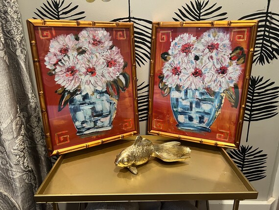 Floral Fine Art Gicleè Canvas Paper Prints Matted and Framed in Gold Bamboo Frames