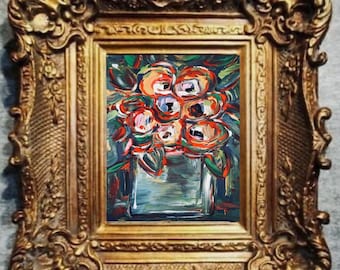 Abstract Floral Giclee: Ornate Gilded Bronze Frame, Signed Canvas