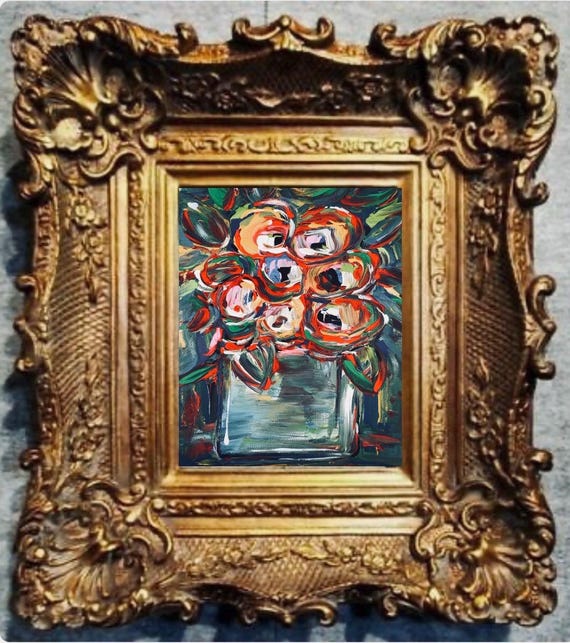 Abstract Floral Giclee: Ornate Gilded Bronze Frame, Signed Canvas