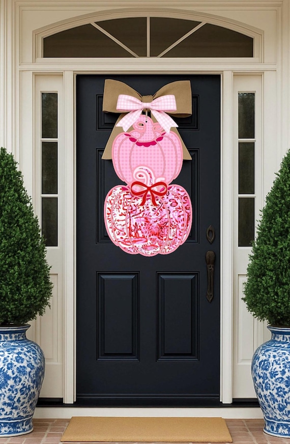 Hello Fall Chinoiserie Posh Pink Pumpkin Door Hanger (does not come with bow)