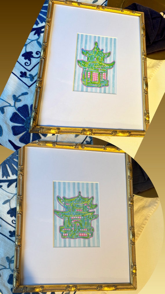 Pagoda Art Prints: Gilded Gold Bamboo Frames, Matted Pair