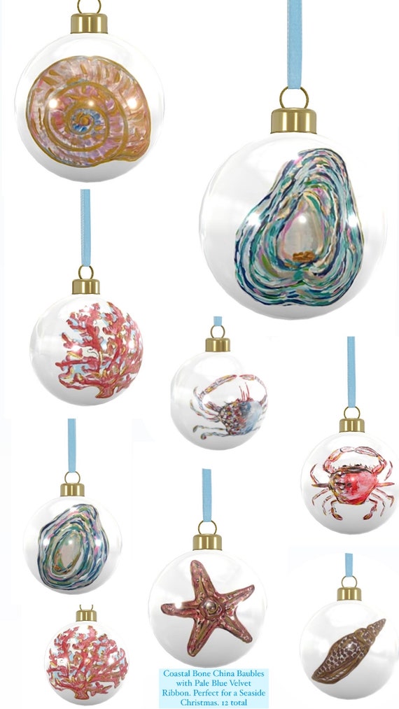 Set of Twelve BONE CHINA Coastal Bauble Ornaments