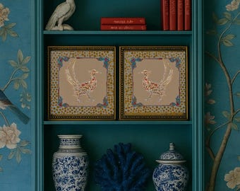 Pair of Fine Art Canvas Paper Gicleè Print Golden Pheasants with Dot Border Framed in Gilded Gold Beaded Wooden Frames