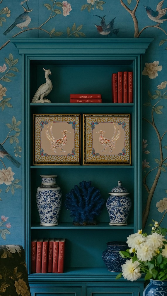 Pair of Fine Art Canvas Paper Gicleè Print Golden Pheasants with Dot Border Framed in Gilded Gold Beaded Wooden Frames