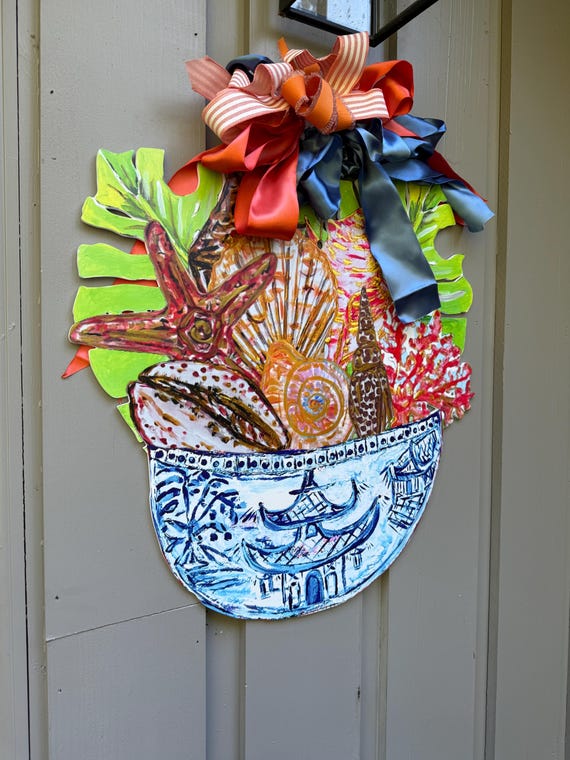 Shells in Ginger Jar Door Hanger: Large Coastal Decor