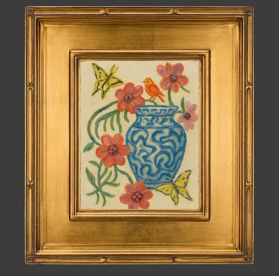 Chinoiserie Floral Art Print: Gilded Gold Leaf Frame, 5x7 Canvas