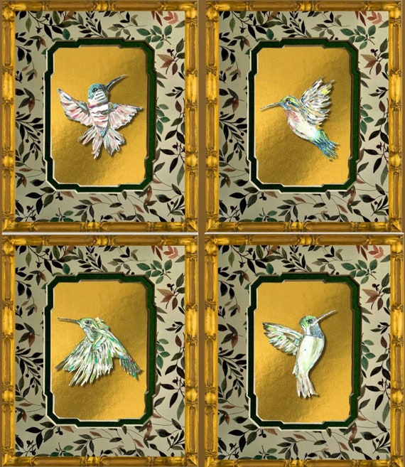 Set of Four Fine Art Hummingbird Prints Double Matted and Framed in Bamboo
