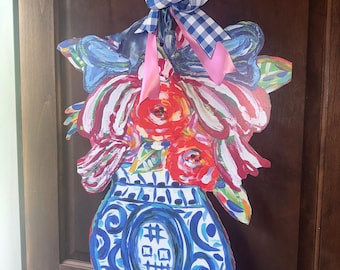 LARGE Chinois Vase RWB Bow and Florals in Chinois Vase Door Hanger (does NOT come with bow)