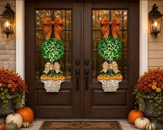 Fall Pumpkin Topiary Door Hangers - Posh Porch Decor Pair