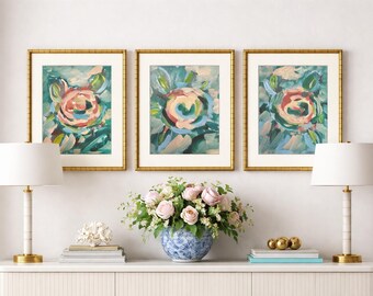 Trio of Fine Art Canvas Paper Gicleè Abstract Florals Matted and Framed in Gilded Gold Bamboo