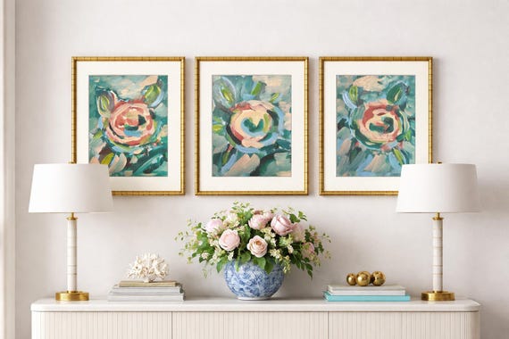 Trio of Fine Art Canvas Paper Gicleè Abstract Florals Matted and Framed in Gilded Gold Bamboo