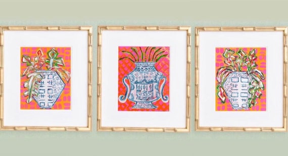 Ginger Jar Art Print Trio: Gilded Bamboo Frames, Colorful Whimsy
