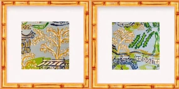 Pair of Fine Art Canvas Paper Chinois Landscape Prints Matted and Framed