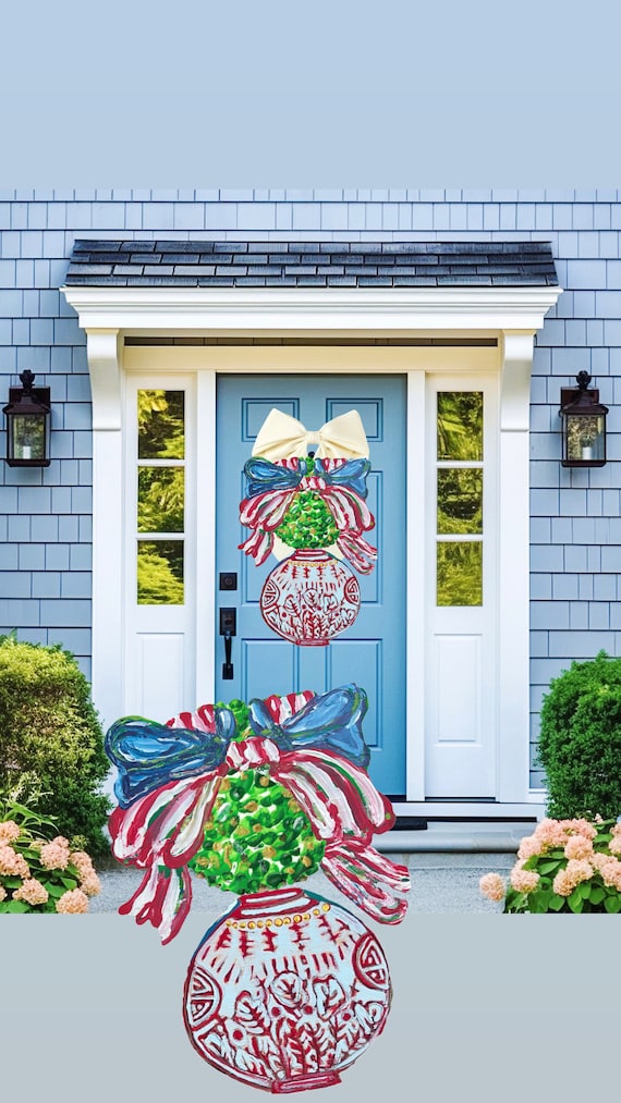 LARGE Red White and Blue Topiary in Ginger Jar Door Hanger