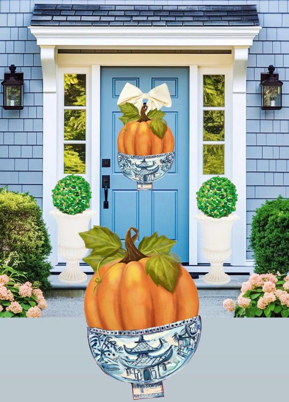 LARGE Door Hanger Fall Pumpkin in Chinois Vase