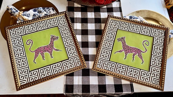 Pink Panther Art Prints: Gold Beaded Frames, Greek Key Matted Pair
