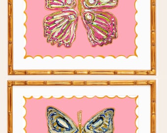 Láminas de arte de mariposas: marcos de bambú dorado, papel de bellas artes con paspartú (juego de 2)