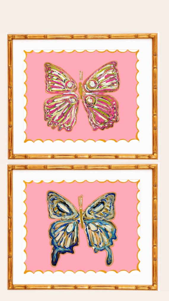 Butterfly Art Prints: Gold Bamboo Frames, Matted Fine Art Paper (Set of 2)