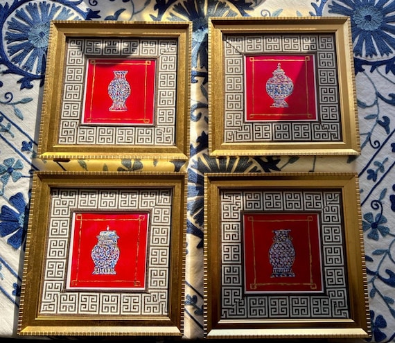 Framed Ginger Jar Art Prints: Set of Four, Gold Beaded Frames