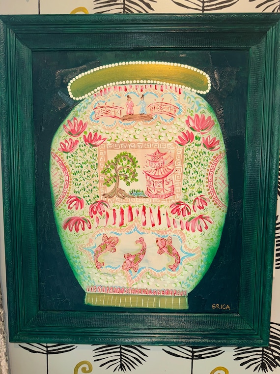 LARGE Original Painting “ChiChi Vase” Framed in Painted Wooden Frame