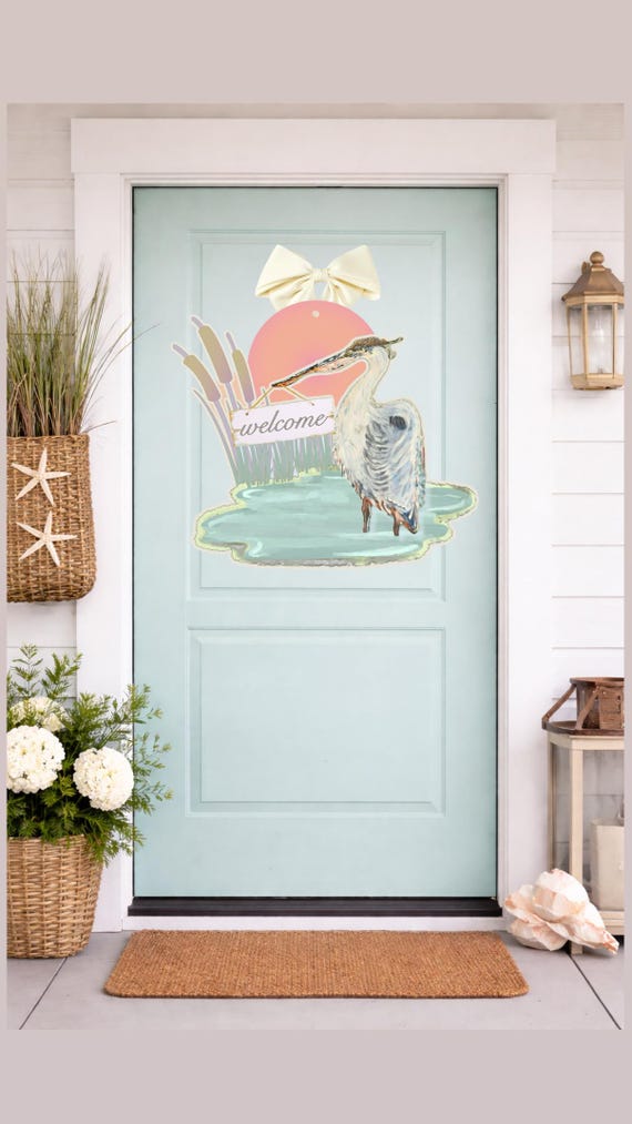 LARGE Designer Coastal Heron Welcome Door Hanger (does NOT come with bow)