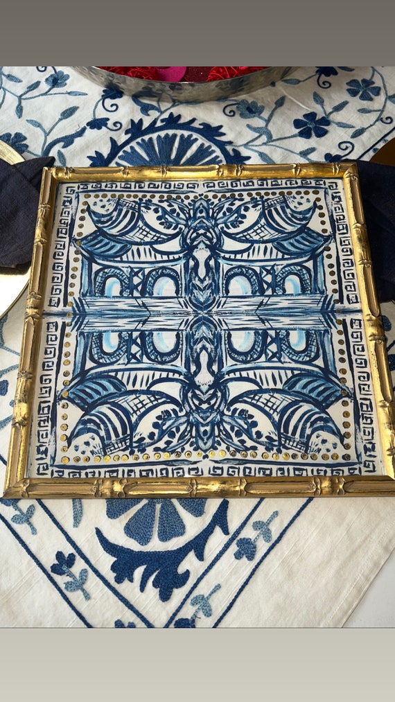 Fine Art Canvas Paper Chinois Pagoda Framed in Gilded Gold Bamboo