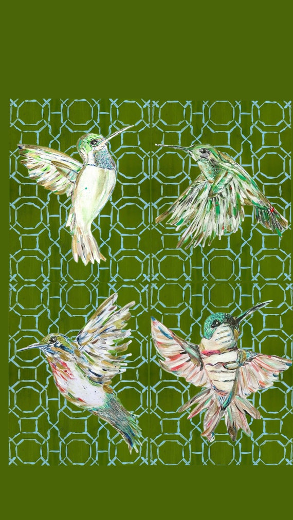 Set of Four Fine Art Canvas Paper Hummingbird Prints at 8x10