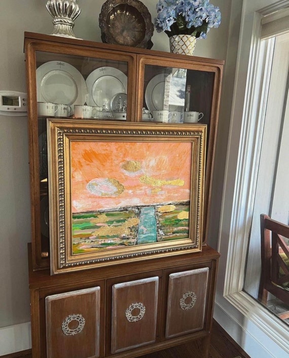 Original Painting “Coastal Marsh” Framed in Gilded Gold Leaf Wooden Ornate Egg and Dart Frame