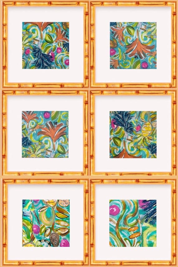 Set of Six Fine Art Canvas Paper West Palm Whimsy Prints Matted and Framed